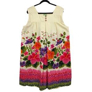 Vintage 1960's UI-MAIKAI Cotton Midi MUMU DRESS Hawaiian Neon Flowers & Feathers